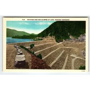 Watauga Dam and Glimpse of Lake, Eastern Tennessee Vintage Postcard Linen Unused